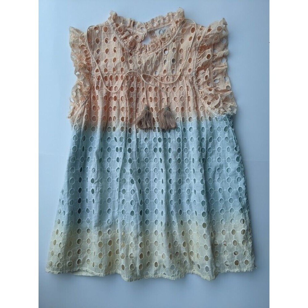 Anthropologie Ollari sleeveless eyelet top, sz M. Peach blue yellow & tassel tie
